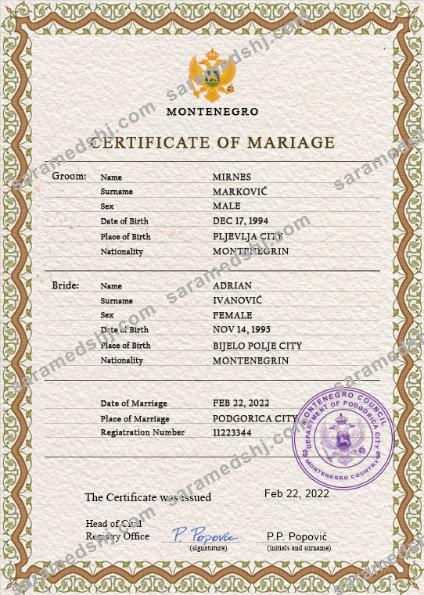 Montenegro marriage certificate PSD template